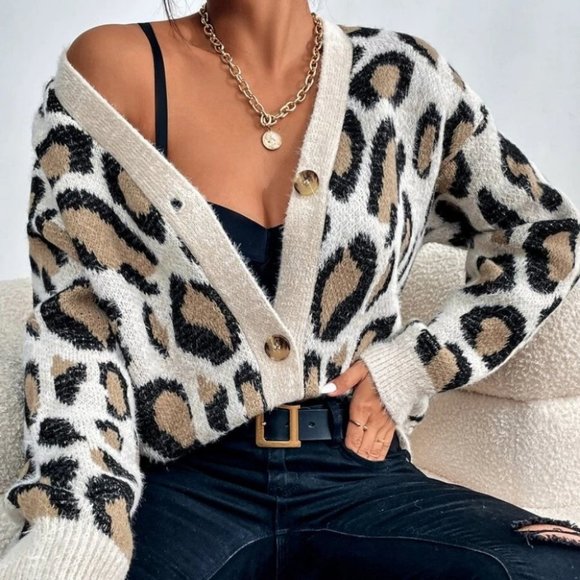 . Sweaters - Boho Leopard Pattern Button Front knit sweater Cardigan